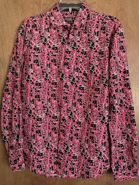 Daniel K Tailored Fit Men Black & red Floral Button Dress Shirt Spread Collar M